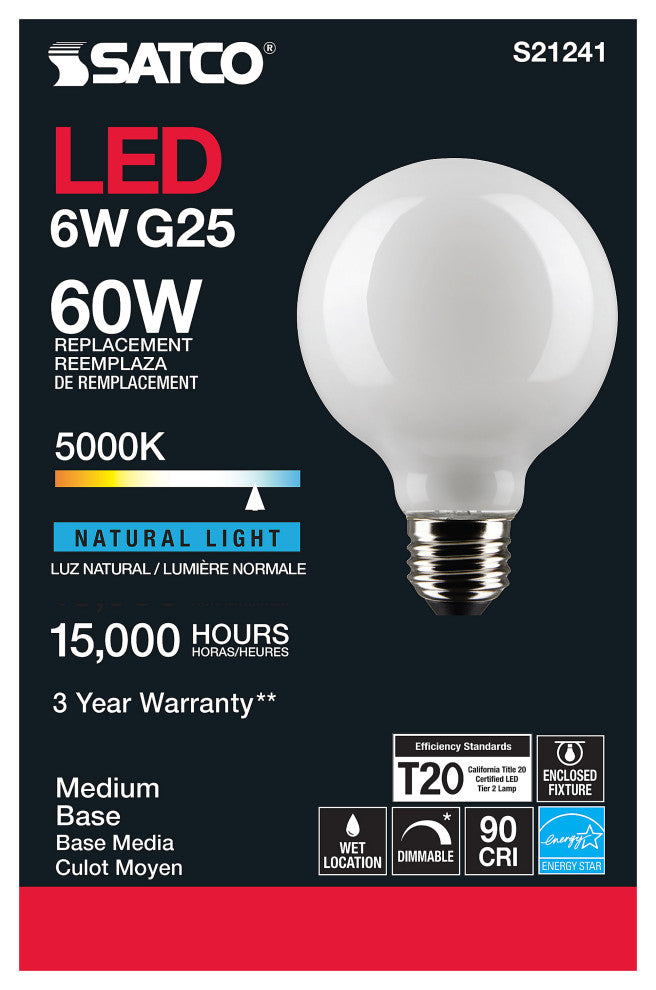 6W G25 LED, White, Medium Base, 90 CRI, 5000K, 120V