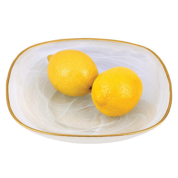 Badash KM733 White Alabaster Squarish Glass Fruit Salad Bowl Gold Rim