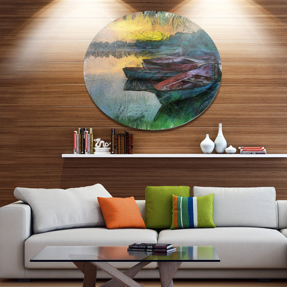 Fishing Boats By River Watercolor, Landscape Round Metal Wall Art, 36"