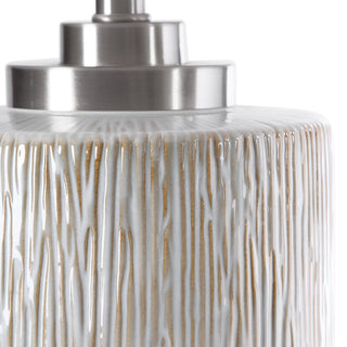 Modern Textured Ribbed White Cylinder Table Lamp, Beige Drip Elegant Ceramic