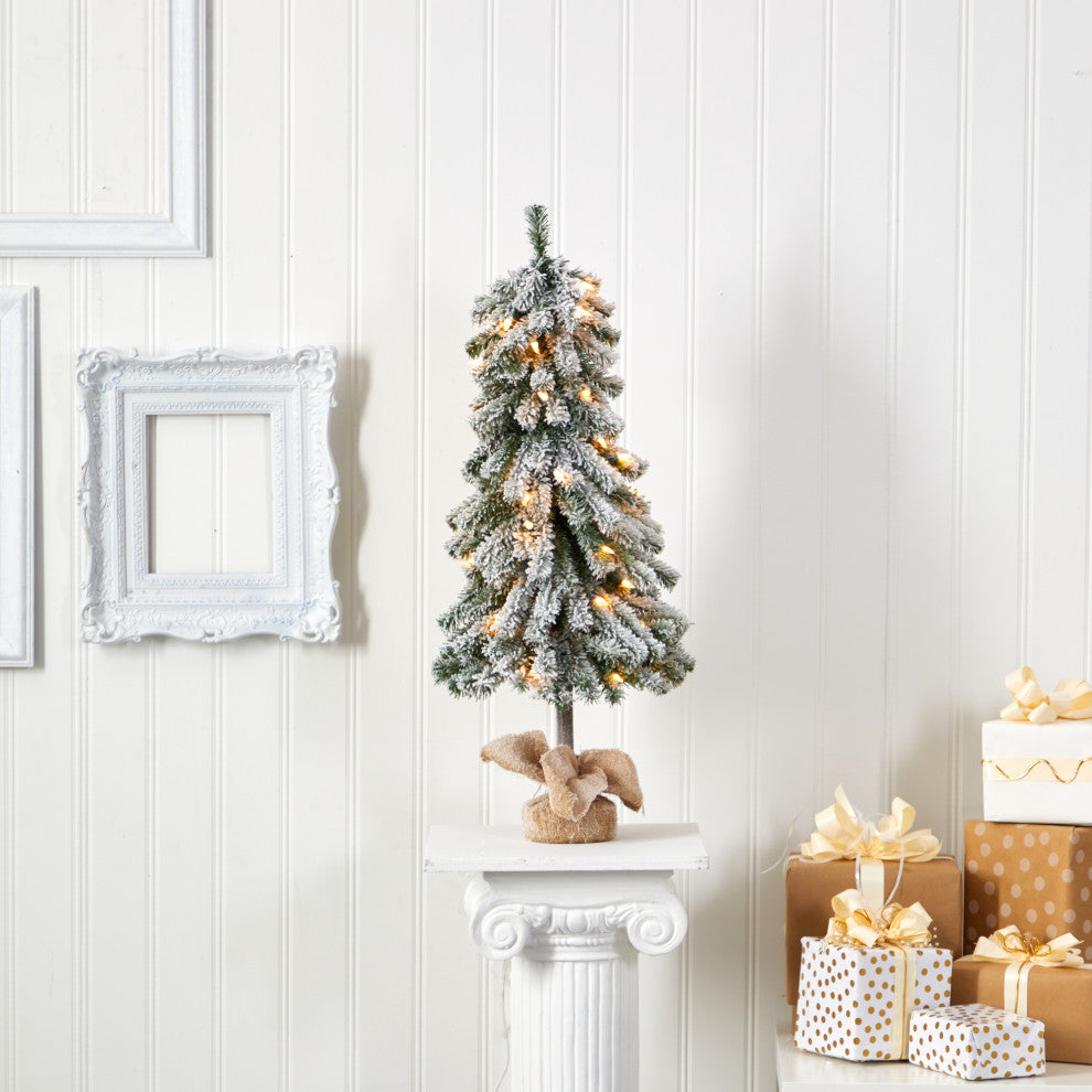 3' Flocked Alpine Xmas Faux Tree W/50 Lights, Bendable Branches & Burlap Planter