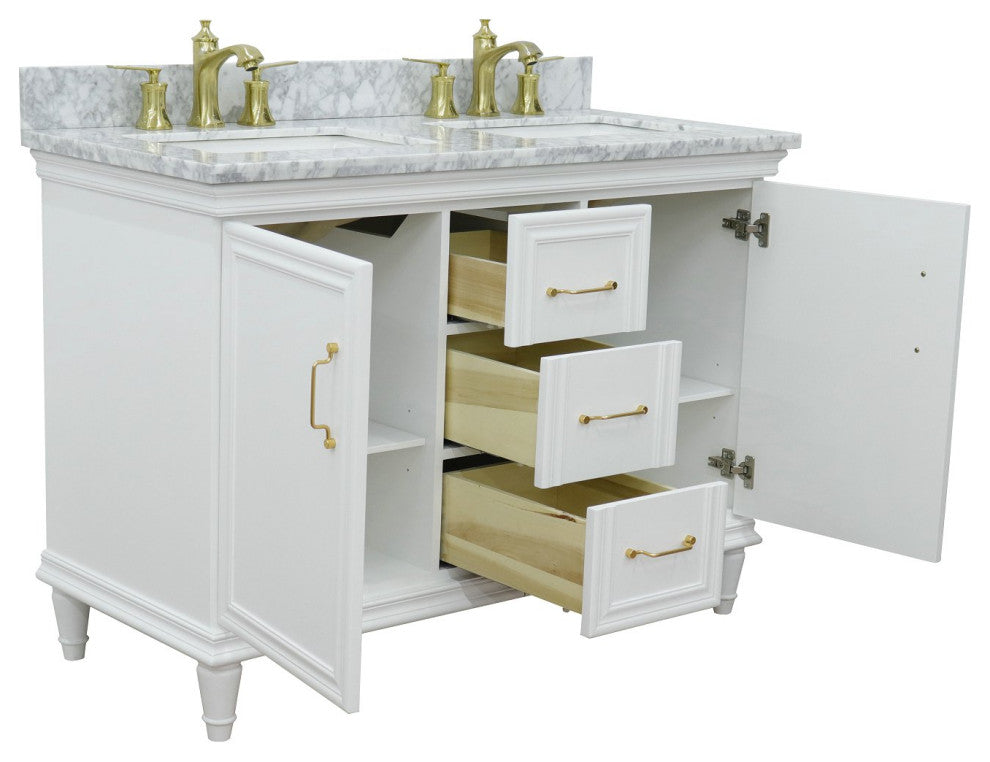 49" Double Vanity, White Finish With White Carrara And Rectangle Sink