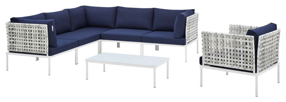 Lounge Sectional Sofa Chair Table Set, Sunbrella, Aluminum, Blue Navy, Outdoor