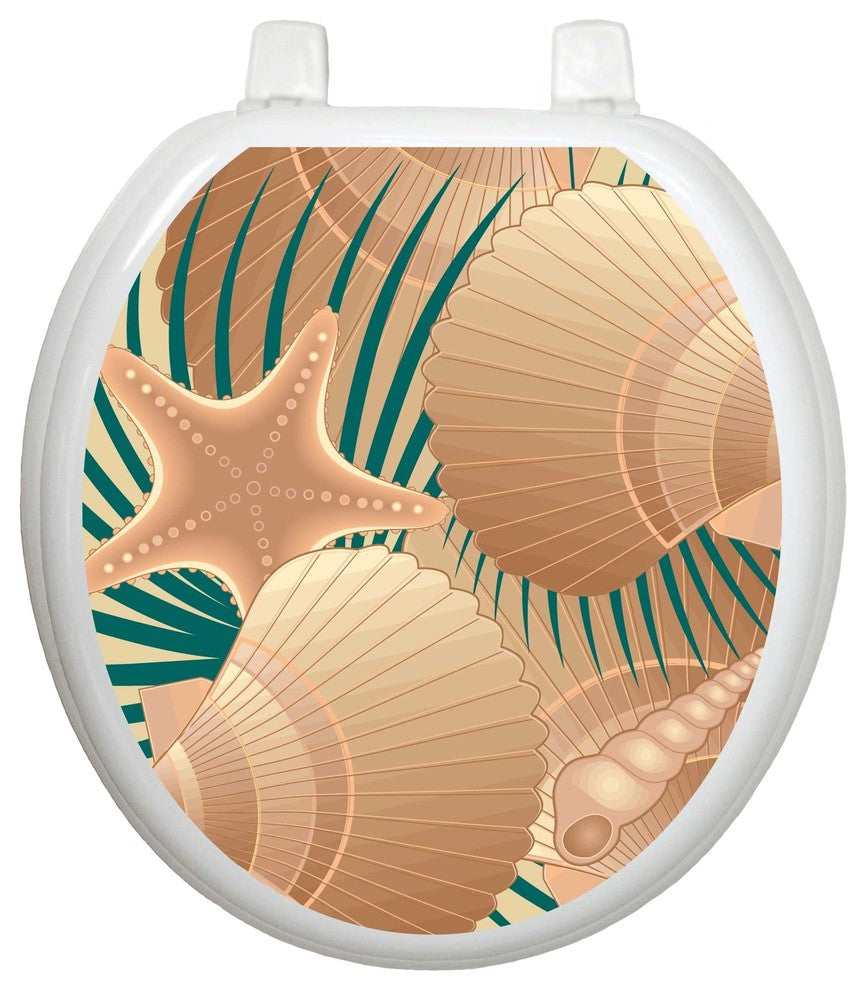 Seashells Beach Toilet Tattoos Seat Cover, Vinyl Lid Decal, Coastal Bathroom , Round