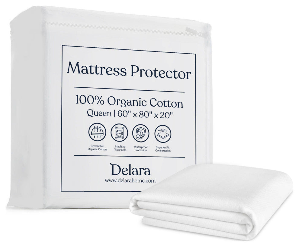 Delara Organic Cotton Waterproof Ultra Soft 300TC Mattress Protector, Queen, 60"x80"