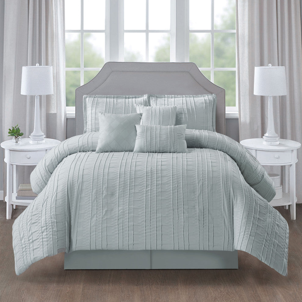 Katniss 7 Piece Stripe Comforter Set, Grey, Queen