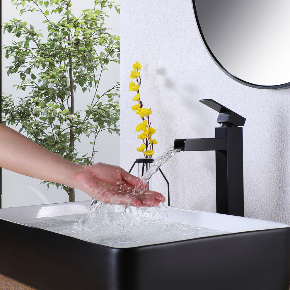Single Hole Waterfall Bathroom Faucet, Matte Black