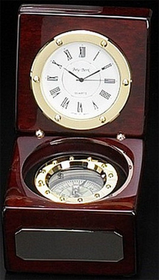 Navigator Clock With Compass in Wood Box