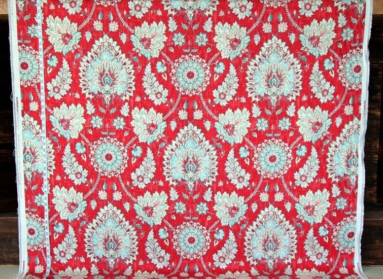 Raspberry Red Vintage Persian Rug Fabric Linen, Sample Cut