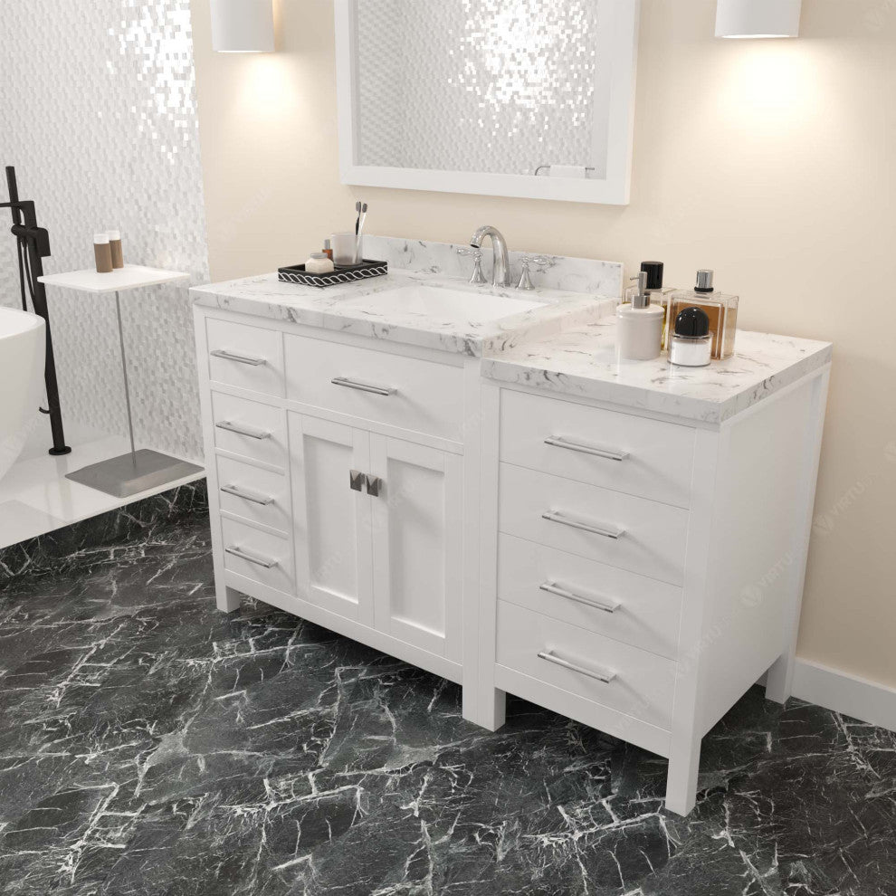 Caroline Parkway 57" Bath Vanity, White With Marble Quartz Top