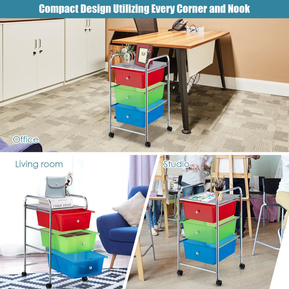 3-Drawer Cart Storage Bin Organizer Rolling w/Plastic Drawers  Rainbow