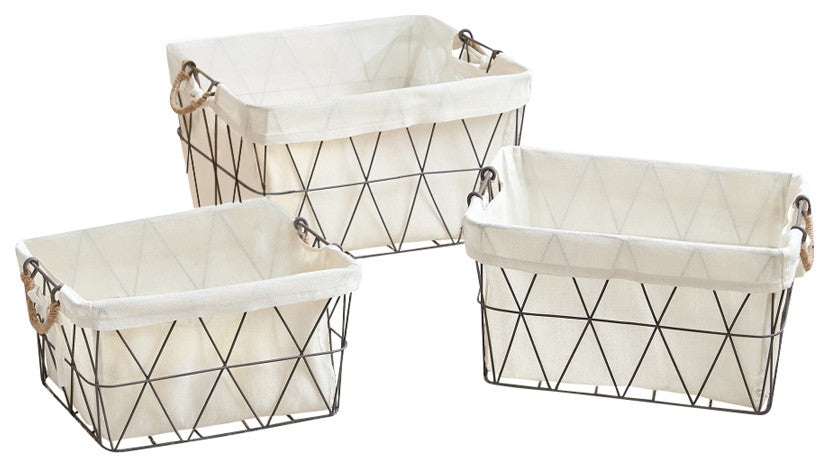 3-Piece Set Lined Tapered Rectangle Storage Baskets w. Jute Handles, Gun Metal