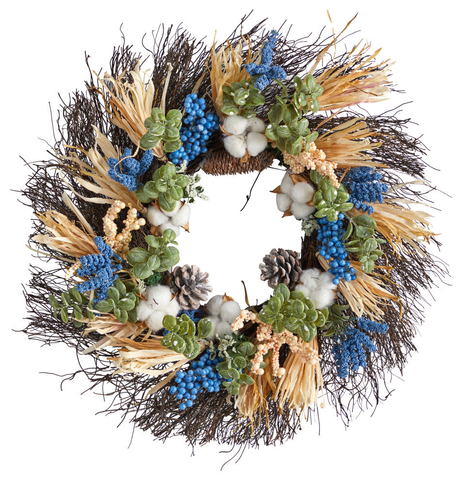 22" Autumn Cotton, Eucalyptus, Berries and Pinecones Artificial Fall Wreath