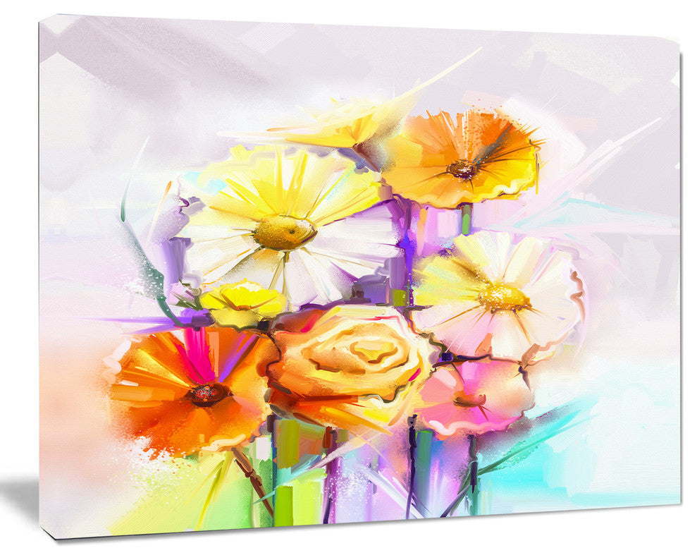 Yellow Pink Gerbera and Rose Bouquet, Extra Large Floral Wall Art, 40"x30"