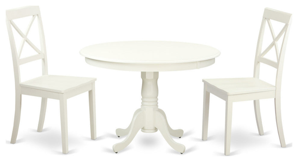 3 Pc Set With A Round Table And 2 Wood Dinette Chairs, Linen White