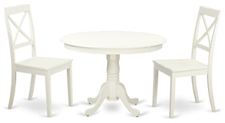 3 Pc Set With A Round Table And 2 Wood Dinette Chairs, Linen White