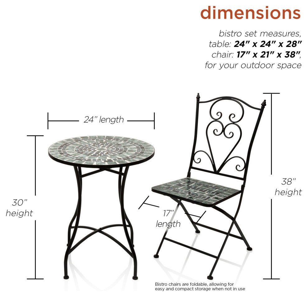 Marbled Glass Mosaic 3-Piece Bistro Set Folding Table and Chairs Patio Seating