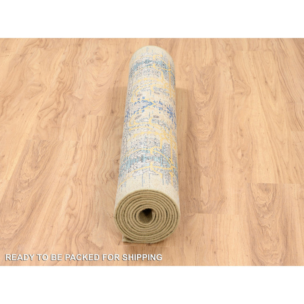 Honey Brown, Silk With Textured Wool, Hand Knotted, Runner, Rug, 4'0" x 12'0"
