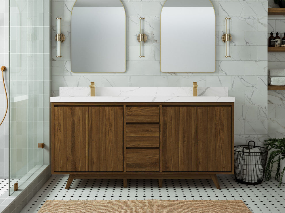 Madison Teak 72 Double Sink Bath Vanity in Dark Natural 2" Calacatta Laza
