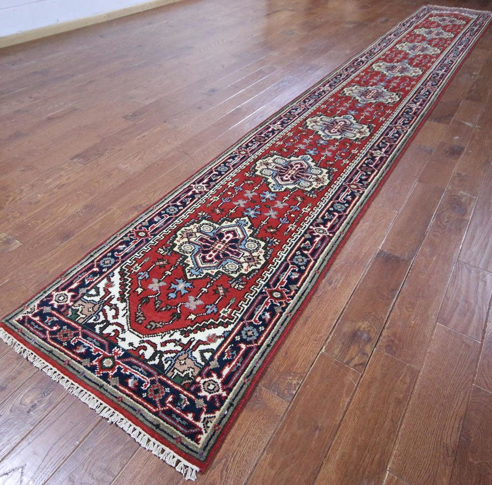 Red Oriental Heriz Serapi Hand-Knotted Wool Rug, 3'x20'