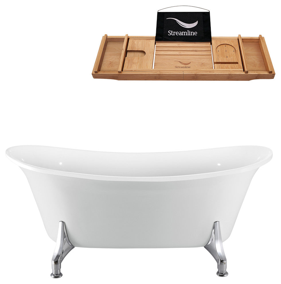 70" White Clawfoot Tub and Tray, Chrome Feet, Chrome Internal Drain