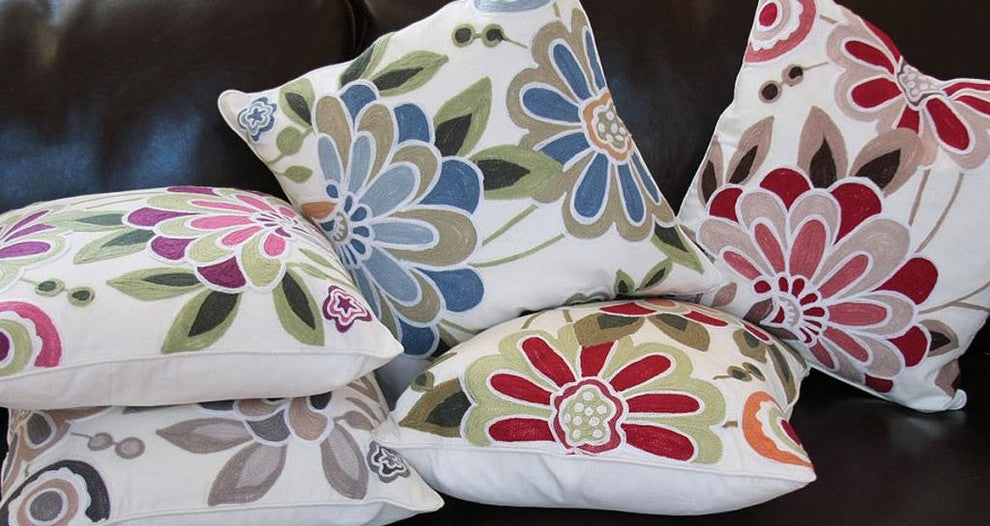 Crewel Embroidered Flora Feather Filled Decorative Pillow, Blue, 18x18
