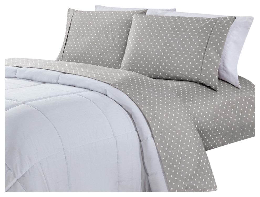 Bibb Home 4 Piece Printed Microfiber Sheet Set, Gray Polka Dot, King