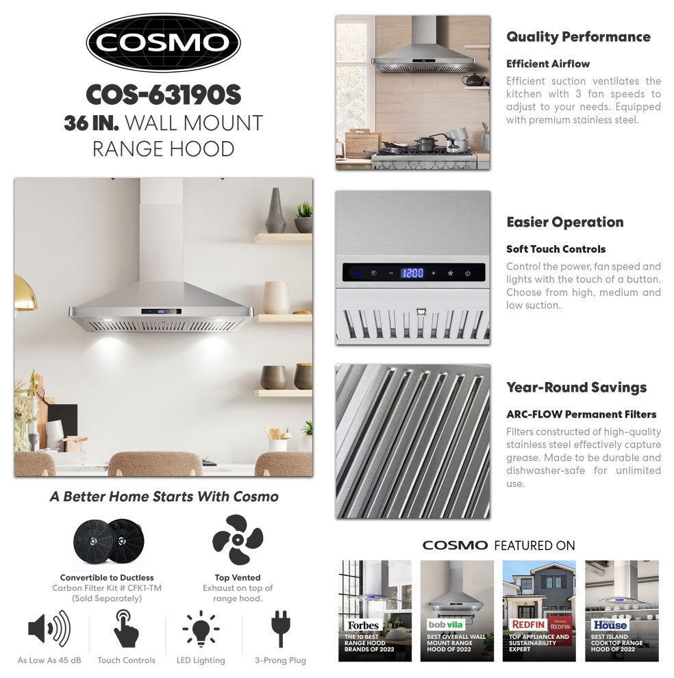36 in. Ductless Wall Mount Range Hood in Stainless Steel with Touch Controls