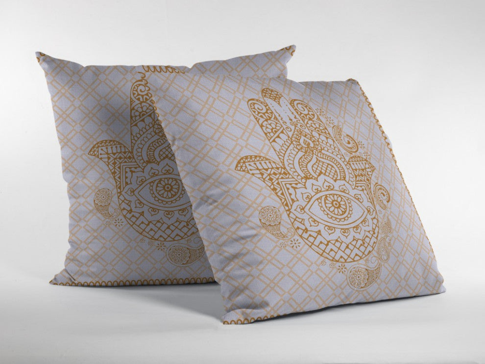 16 Gold White Hamsa Boho Suede Throw Pillow