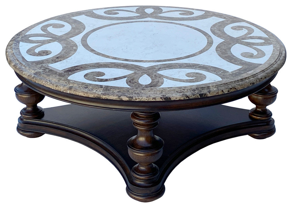 Vintage Estate Round Ribbon Cross Pattern Marble Top Coffee Table Hcs6081