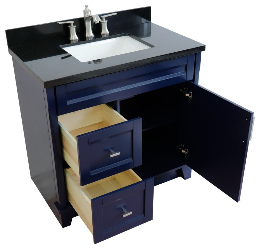 37" Single Sink Vanity, Blue Finish With Black Galaxy Granite