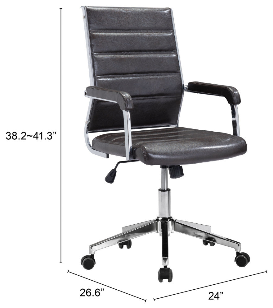 Office Chair, Faux Vinyl Leather, Steel, Brown, Silver, Mid Century Business