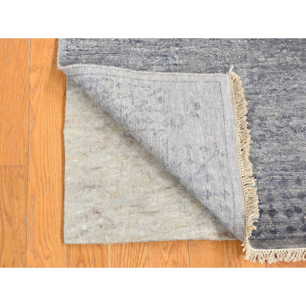 Goose Gray Broken Persian Design Silk Hand Knotted Short Runner Rug 2'6"x5'10"