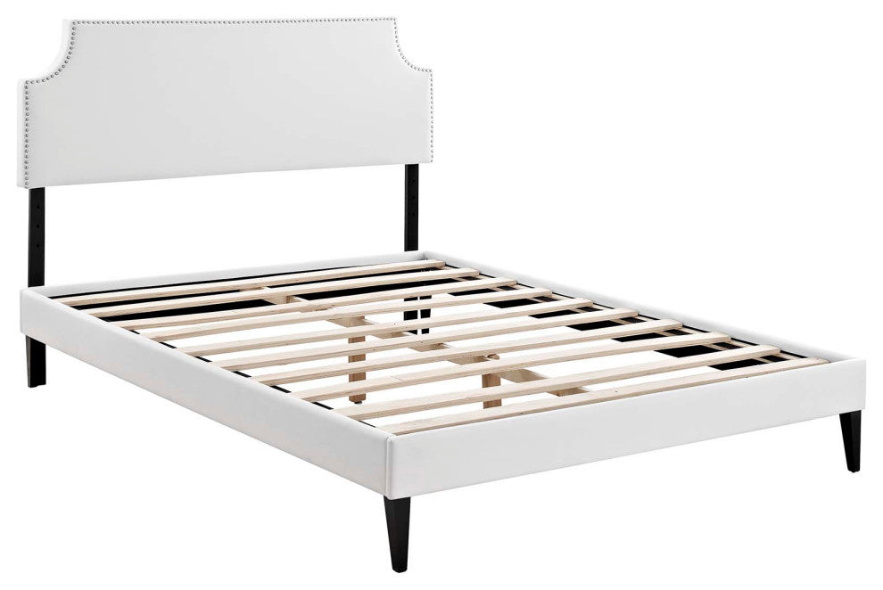 White Corene Full Vinyl Platform Bed with Squared Tapered Legs