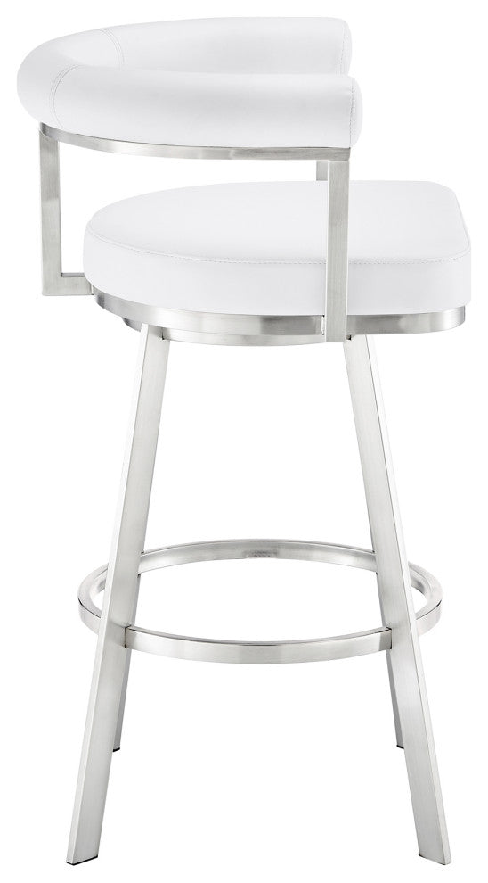 Nolagam Swivel Bar Stool, Brushed Stainless Steel With White Faux Leather
