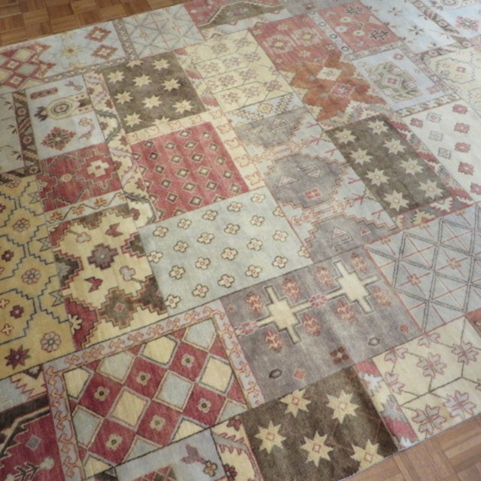 Hand-Knotted Multicolored Patchwork Oushak Oriental Rug, 9x12