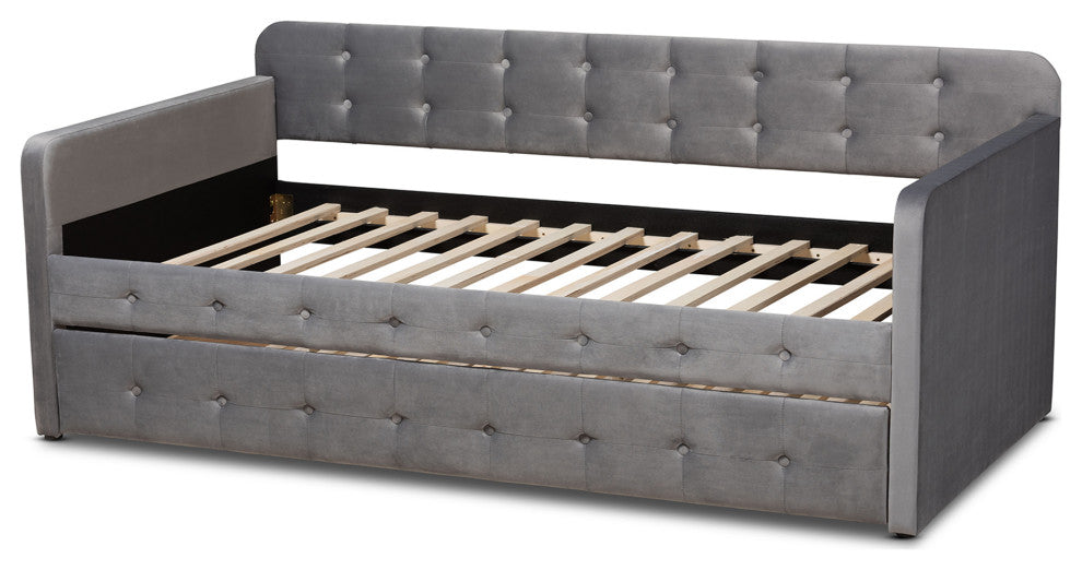 Rosecranz Gray Velvet Modern Glam Daybed With Trundle
