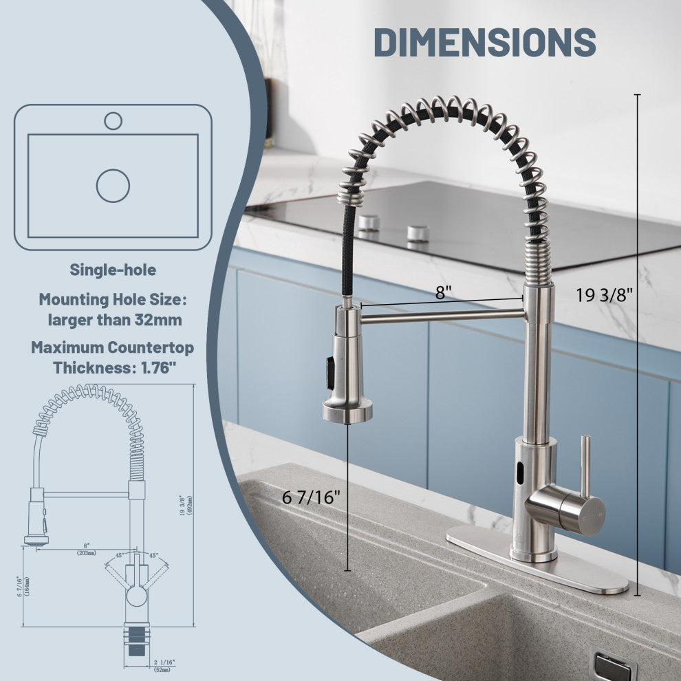 3-Mode Single Handle Pull-Down Sprayer Kitchen Faucet with Touchless Sensor, Brushed Nickel