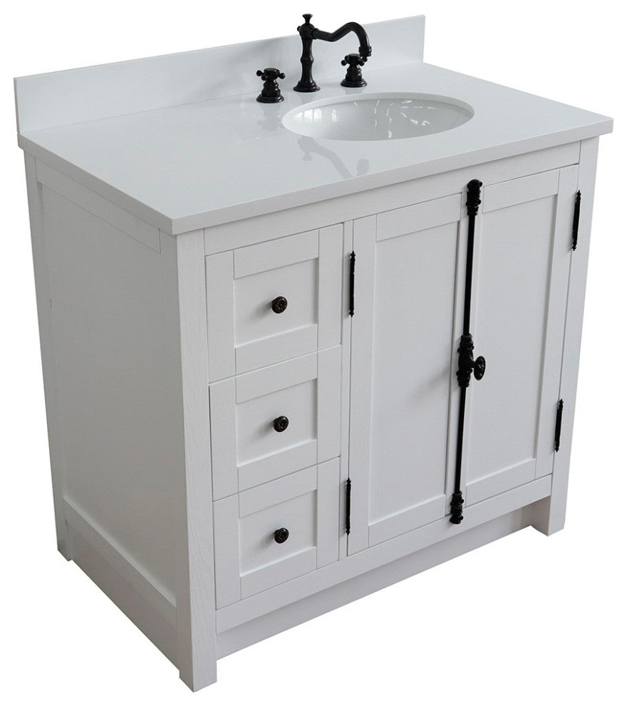 37" Vanity, Glacier Ash, White Engineered Stone Top, Right Doors/Right Oval Sink