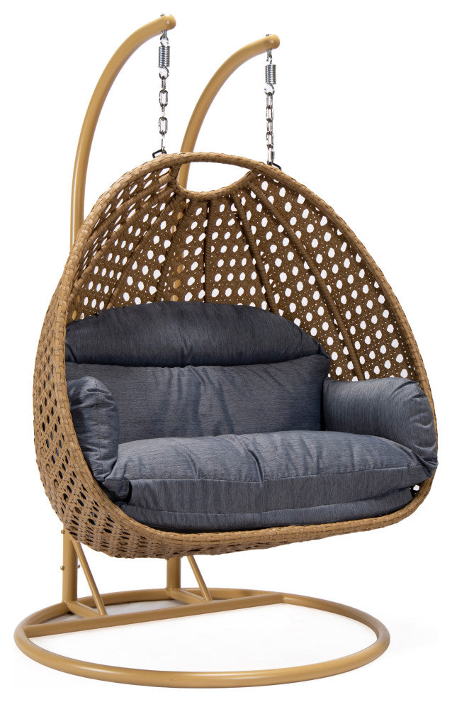 LeisureMod Mendoza Light Brown Wicker Hanging Double Egg Swing Chair, Charcoal