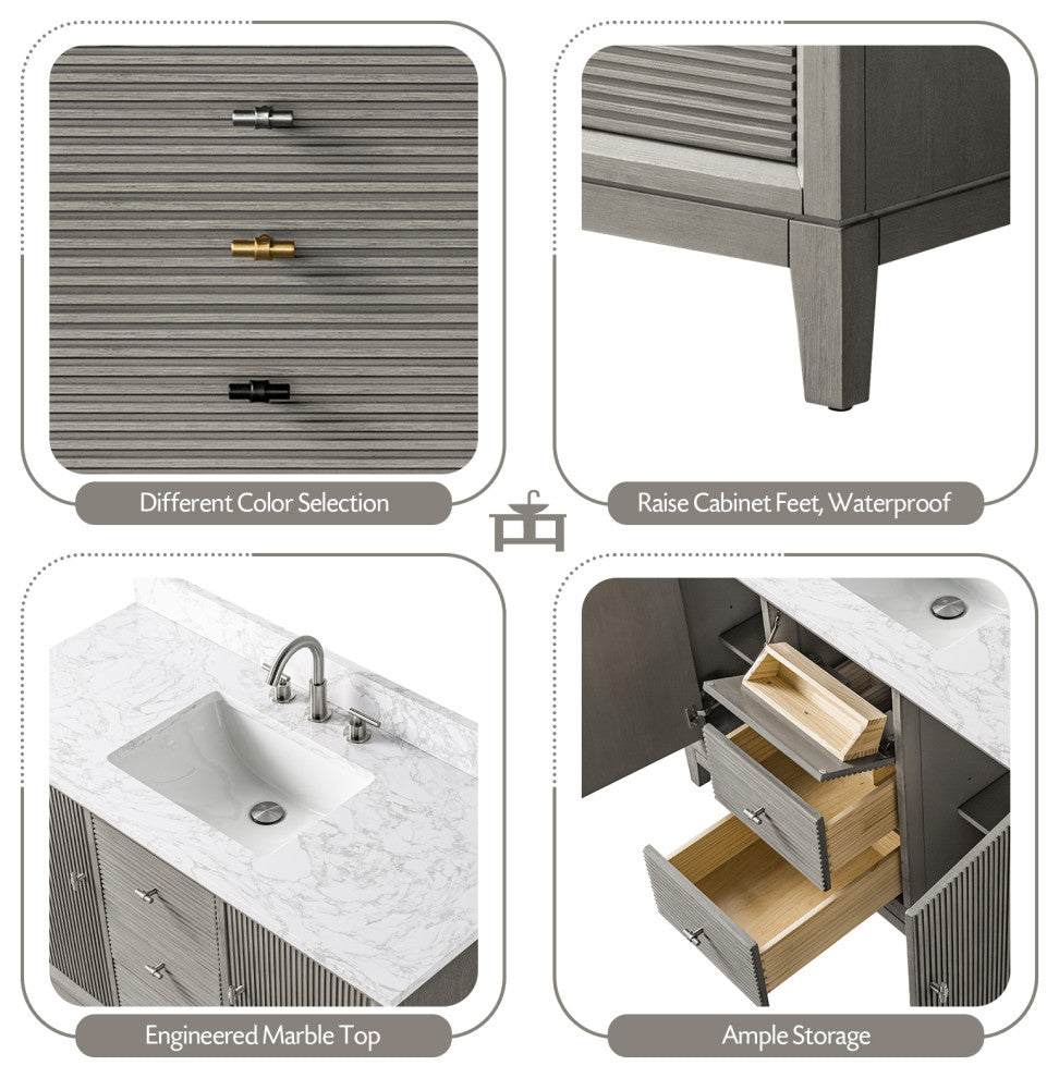 Vanity Art Bathroom Vanity with Engineered Marble Top and Sink, Driftwood Gray, 48", Matte Black