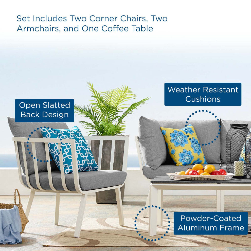 Lounge Sectional Sofa Chair Set, Aluminum, Metal, White Gray, Outdoor