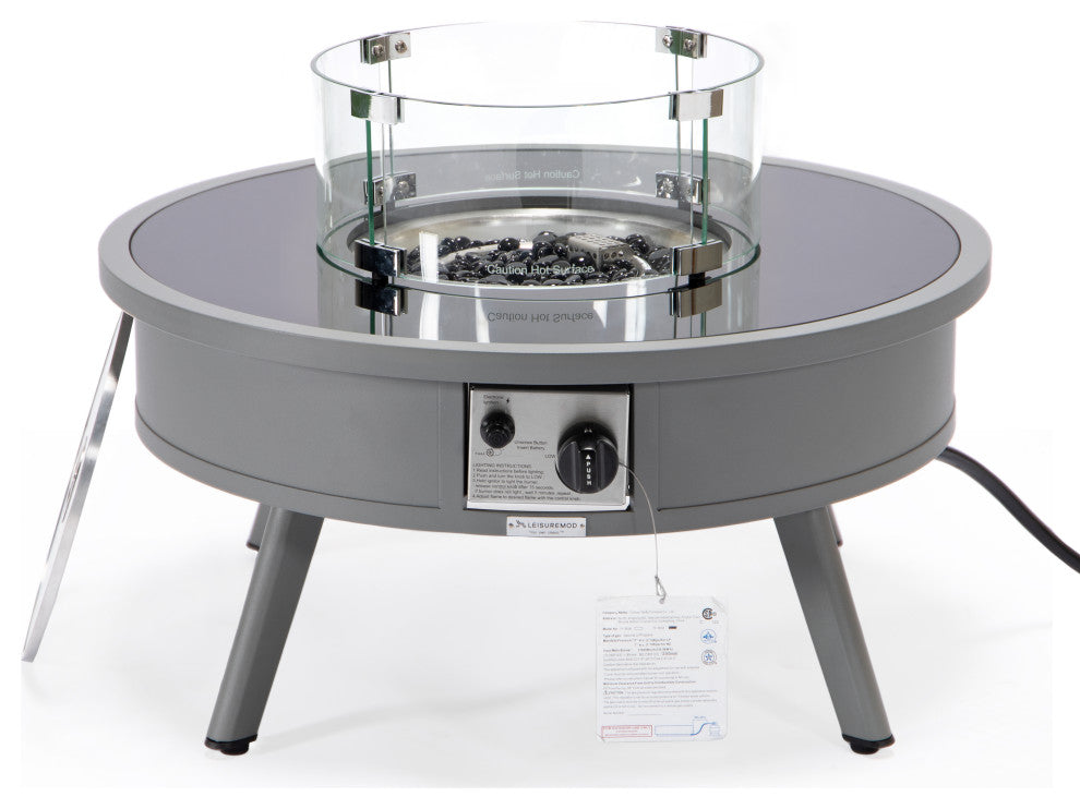 Leisuremod Walbrooke Patio Round Fire Pit Table With Aluminum Frame, Gray