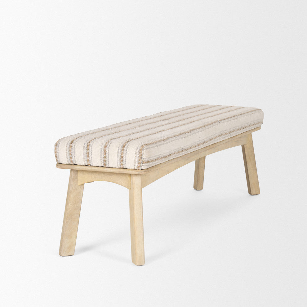 Taimo White Washed Light Brown Wood With Striped Fabric Seat Bench