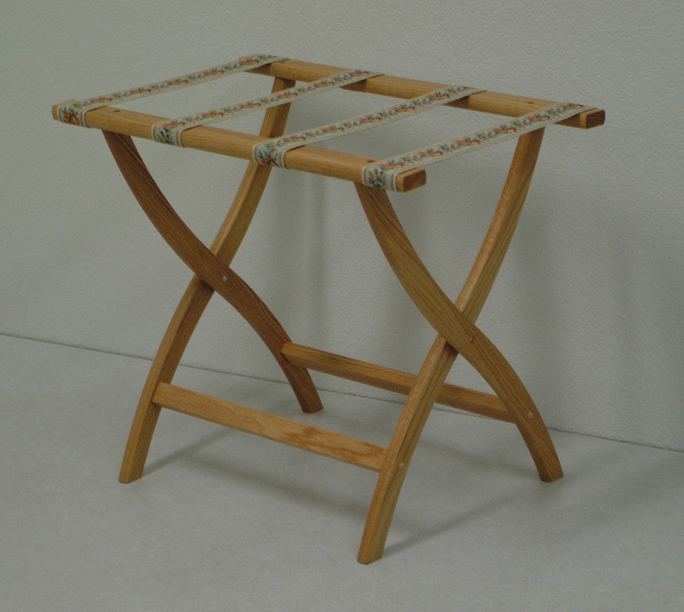 Designer Curve Leg Luggage Rack with Tapestry Webbing, Light Oak