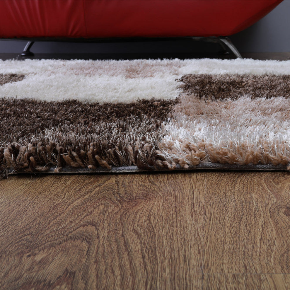 Hand Tufted Shag Polyester Area Rug Geometric Beige Brown K00018, [Rectangle] 4'x6'