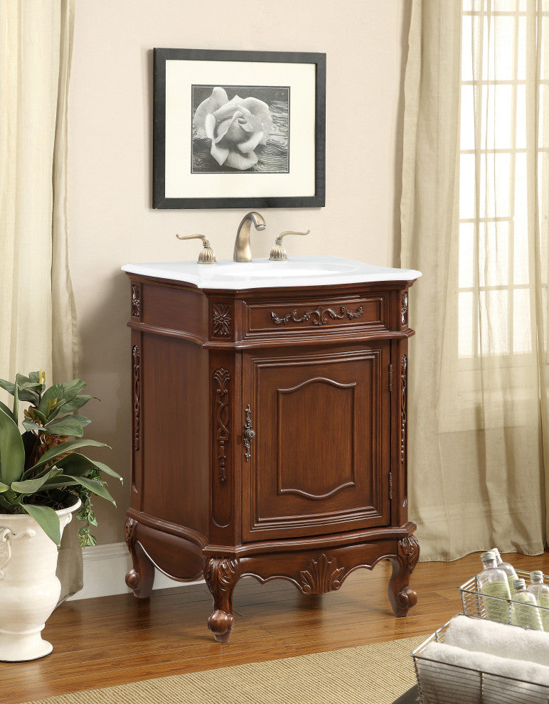 24" Single Bathroom Vanity in brown, with Ivory White Engineered Marble