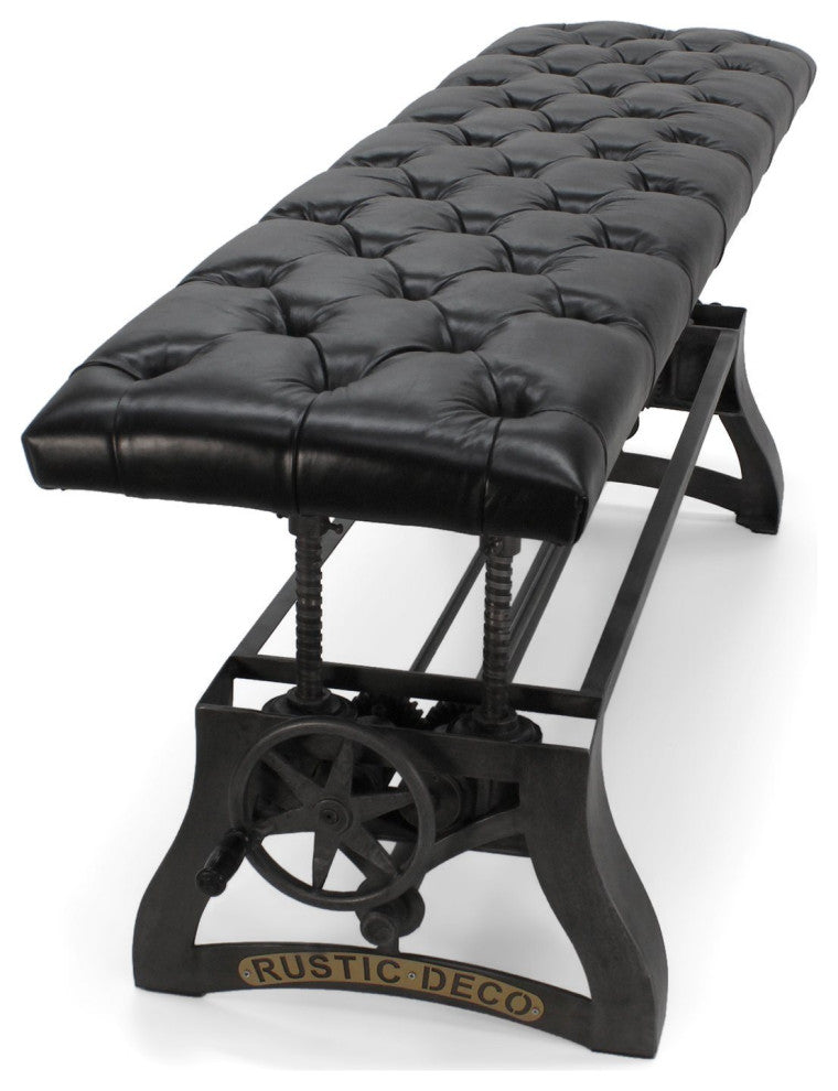 Crescent Industrial Dining Bench - Adjustable Iron Base - Black Leather Seat
