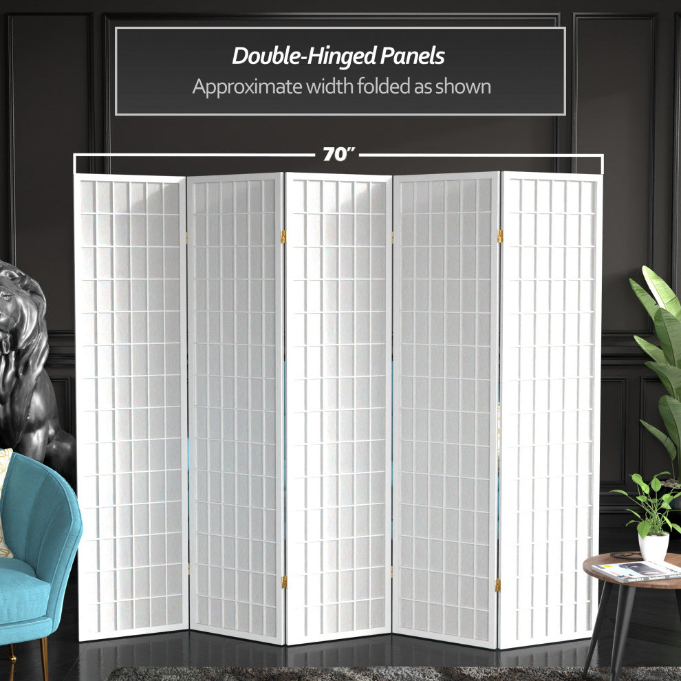6' Tall Window Pane Shoji Screen, White, 5 Panels