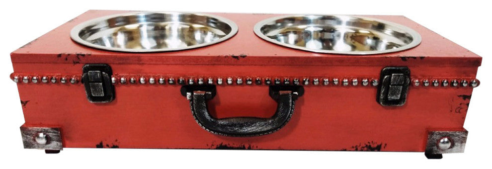 Well-designed Pet Steel Double Bowl with Wooden Stand, Red